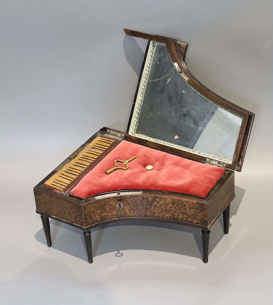 A 19th century French simulated burr walnut musical jewellery casket, modelled as a piano forte, length 30cm height 17cm